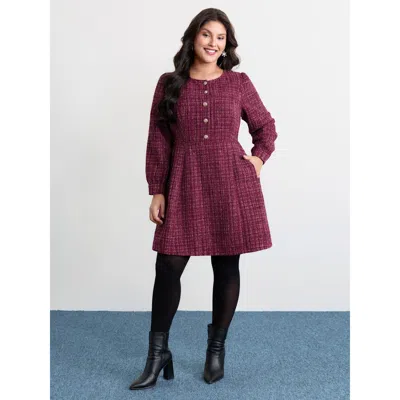 Bloomchic Women's Plus Size Tweed Metal Button Stretchy Waist Knee Dress Redviolet Else Midi Elegant Button Fr