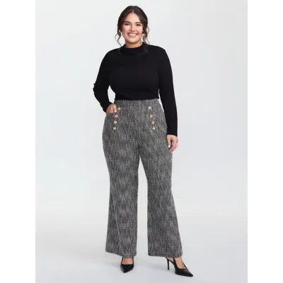 Bloomchic Women's Plus Size Tweed Metal Buttons Detail Pants Black Non Slight Flare Mid Rise Elegant 10/m