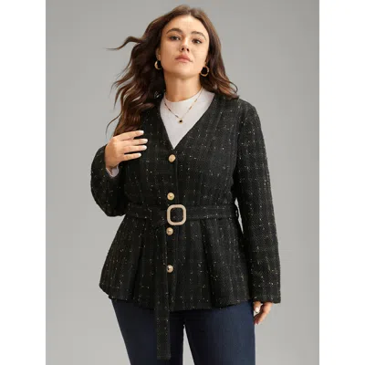 Bloomchic Women's Plus Size Tweed Metal Detail Belted V Neck Blazer Black Plain Sleeve Long Sleeve 10/m