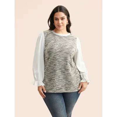Bloomchic Women's Plus Size Tweed Patchwork Gathered Lantern Sleeve Blouse Originalwhite Synthetic Texture Eve