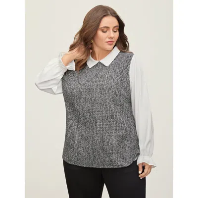 Bloomchic Women's Plus Size Tweed Patchwork Lantern Sleeve Blouse Black Non Office Long Sleeve 10/m