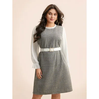 Bloomchic Women's Plus Size Tweed Patchwork Ruffle Trim Dress Black Synthetic Texture Knee Everyday Texture 22