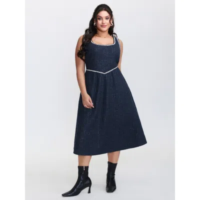 Bloomchic Women's Plus Size Tweed Pinafore Stretchy Midi Dress Indigo Non Midi Elegant 12/l In Purple
