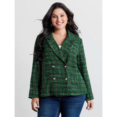 Bloomchic Women's Plus Size Tweed Plaid Double Button Blazer Truegreen Texture Sleeve Extra Long Sleeve 30/6x