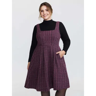 Bloomchic Women's Plus Size Tweed Pleated Waist Zipper Mini Dress Deeppurplered Solid Midi Elegant Cable Knit 