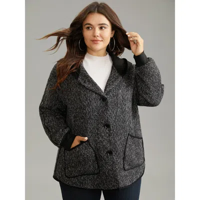 Bloomchic Women's Plus Size Tweed Pocket Button Through Hooded Coat Black Patchwork 10/m