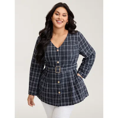 Bloomchic Women's Plus Size Tweed Pockets Belted Button Jacket Midnight Texture X-line 10/m In Blue