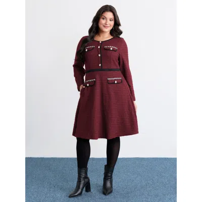 Bloomchic Women's Plus Size Tweed Stretchy Waist Color Contrast Midi Dress Burgundy Else Midi Elegant Button F