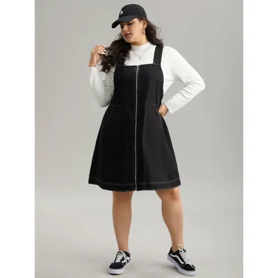 Bloomchic Women's Plus Size Twill O Ring Zipper Pocket Spaghetti Strap Dress Black Dailywear Plain 10/m