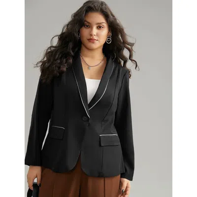Bloomchic Women's Plus Size Twill Patchwork Contrast Trim Button Up Blazer Black Plain Colorblock Sleeve Long 