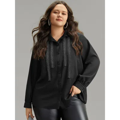 Bloomchic Women's Plus Size Twill Rhinestone Contrast Webbing Button Through Blouse Black Going Out Long Sleev