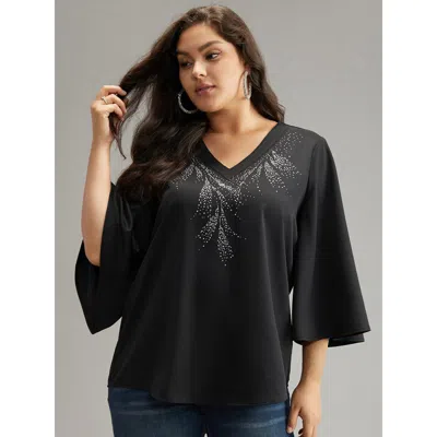 Bloomchic Women's Plus Size Twill Rhinestone V Neck Ruffle Sleeve Blouse Black Going Out 3/4 Sleeve 18-20/2x
