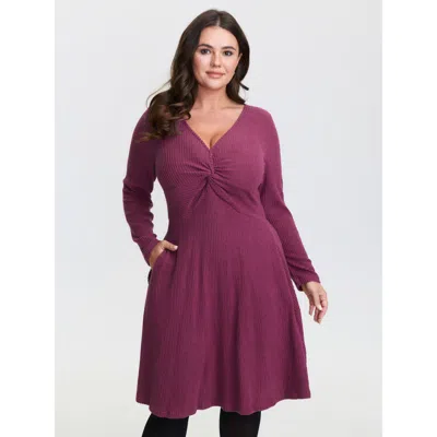 Bloomchic Women's Plus Size Twist Bodice Ribbed V-neck Midi Dress Rosered Non Short Elegant Twist 12/l