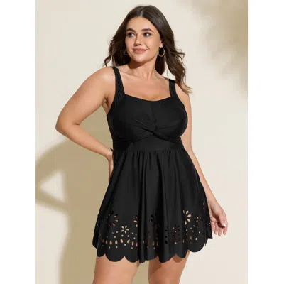 Bloomchic Women's Plus Size Twist Front Eyelet Trim Hem Swim Dress Black Solid Non Adjustable Straps 12/l