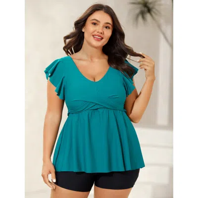Bloomchic Women's Plus Size Twist Front Fit And Flare Swim Top Teal Non Twist Cinched & Flared 10/m In Blue