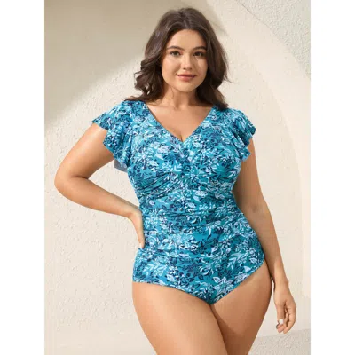 Bloomchic Women's Plus Size Twist Front Flounce Sleeve Ruched One-piece Swimsuit Turquoise Tummy Control 30/6x In Blue