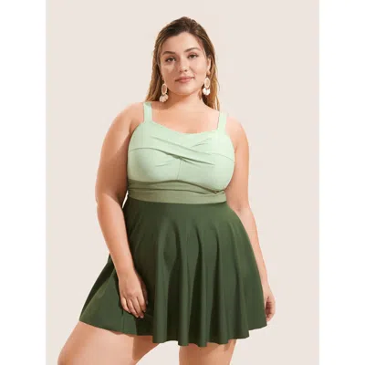 Bloomchic Women's Plus Size Twist Front Patchwork Adjustable Straps Swim Dress Armygreen Color Block Colorbloc