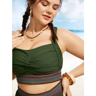 Bloomchic Women's Plus Size Twist Front Patchwork Woven Ribbon Bikini Top Armygreen Solid Sleeveless Twist Ada