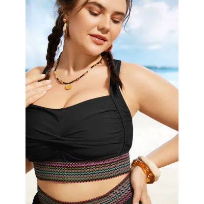 Bloomchic Women's Plus Size Twist Front Patchwork Woven Ribbon Bikini Top Black Solid Sleeveless Twist Adaptiv