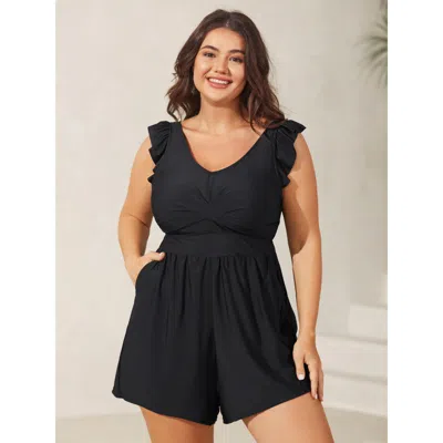 Bloomchic Women's Plus Size Twist Front Ruffled One-piece Swimsuit Black Solid Casual Comfortable Waist Fit 12