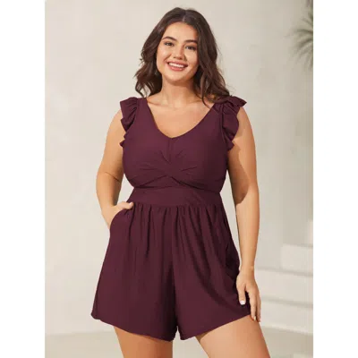 Bloomchic Women's Plus Size Twist Front Ruffled One-piece Swimsuit Plum Solid Casual Comfortable Waist Fit 12/ In Purple