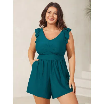 Bloomchic Women's Plus Size Twist Front Ruffled One-piece Swimsuit Teal Solid Casual Comfortable Waist Fit 22- In Blue