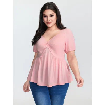 Bloomchic Women's Plus Size Twist Front Stretchy Waist Flared Blouse Nudepink Synthetic Texture Elegant Short 