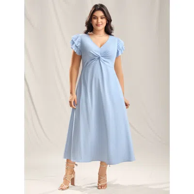 Bloomchic Women's Plus Size Twist Front Woven A-line Maxi Dress Lightblue Solid Maxi Elegant Twist 12/l In Blue