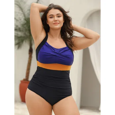 Bloomchic Women's Plus Size Twisted Front Color Contrast One-piece Swimsuit Darkblue Geometric Adaptive-fit 30 In Blue