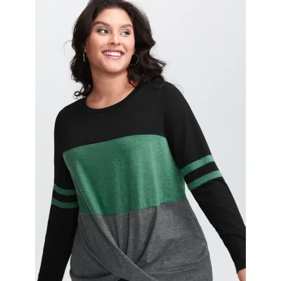 Bloomchic Women's Plus Size Twisted Hem Colorblock Heather T-shirt Multicolor Solid Casual Long Sleeve Round N
