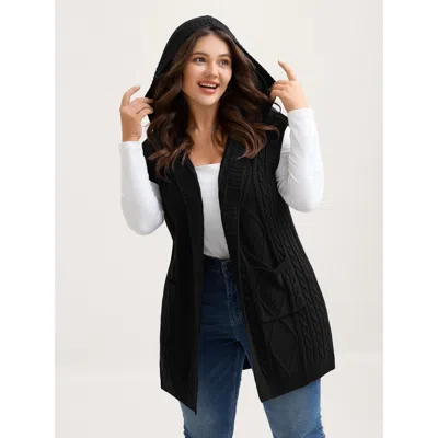 Bloomchic Women's Plus Size Twisted Hooded Sleeveless Knit Cardigan Black Sleeveless Hooded Neck 12/l