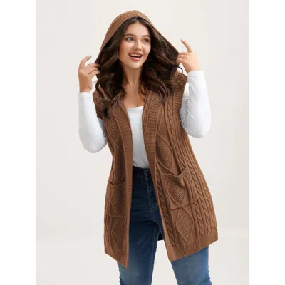 Bloomchic Women's Plus Size Twisted Hooded Sleeveless Knit Cardigan Yellowishbrown Sleeveless Hooded Neck 28/5