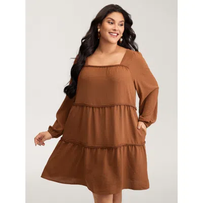 Bloomchic Women's Plus Size Twisted Woven Ribbon Tiered Knee-length Dress Yellowishbrown Non Short Vacation 12
