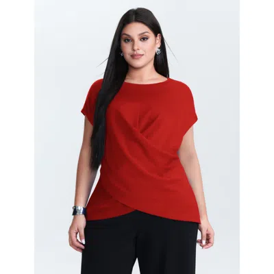 Bloomchic Women's Plus Size Twist-front Boat Neckline Plain Knit Top Brightred Cap Sleeve Office 12/l