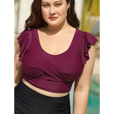 Bloomchic Women's Plus Size Twist-front Flutter Sleeve Swim Top Plum Solid Sleeveless Twist 10/m In Purple