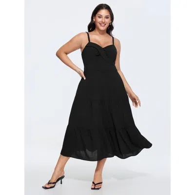 Bloomchic Women's Plus Size Twist-front Ruched Plain Tiered Midi Dress Black Solid Maxi Elegant Wrap / Overlap