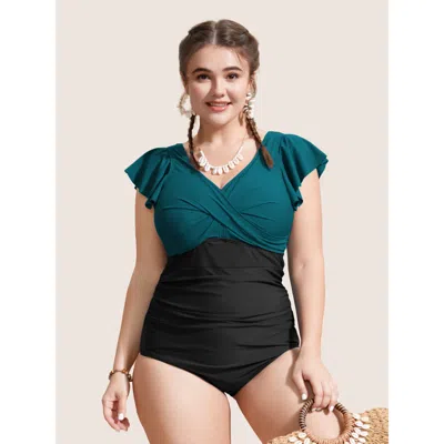 Bloomchic Women's Plus Size Two Tone Gathered Ruffle Sleeve One Piece Swimsuit Cyan Geometric Twist Bust Suppo In Blue