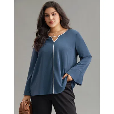 Bloomchic Women's Plus Size Two Tone Keyhole Bell Sleeve Blouse Indigo Office Long Sleeve 14-16/1x In Purple