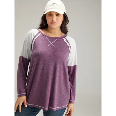 Bloomchic Women's Plus Size Two Tone Lace Trim Stitch Raglan Sleeve T-shirt Mauve Dailywear Long Sleeve 10/m In Purple