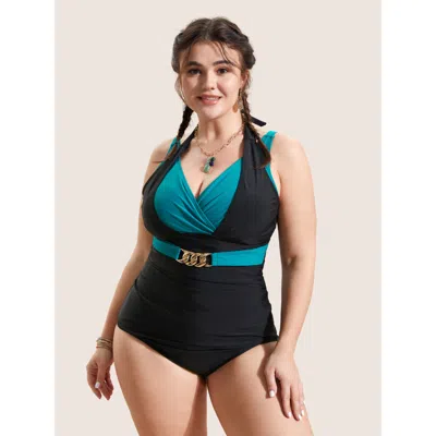 Bloomchic Women's Plus Size Two Tone Metal Chain Detail One Piece Swimsuit Teal Non Gathered Adaptive-fit 28/5 In Blue
