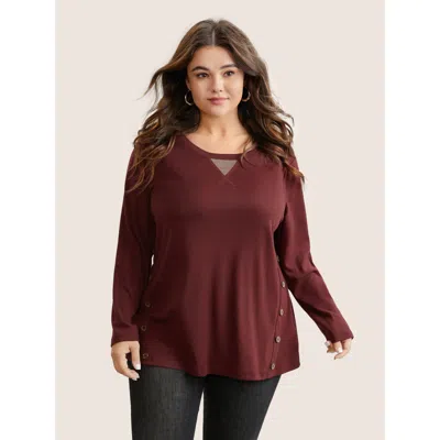 Bloomchic Women's Plus Size Two Tone Patchwork Button Front T-shirt Burgundy Dailywear Long Sleeve 12/l