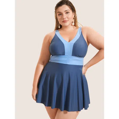Bloomchic Women's Plus Size Two Tone Patchwork Gathered Swim Dress Aegean Geometric Gathered Adaptive-fit 10/m In Blue
