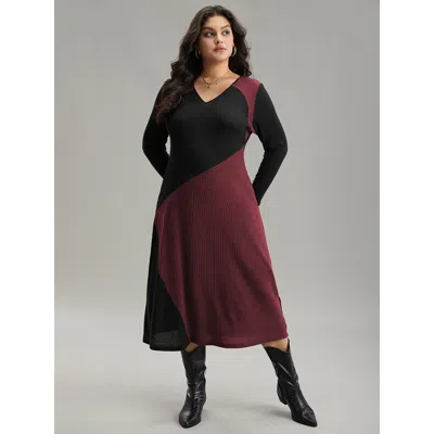 Bloomchic Women's Plus Size Two Tone Patchwork V Neck Dress Burgundy Dailywear Patchwork 18-20/2x