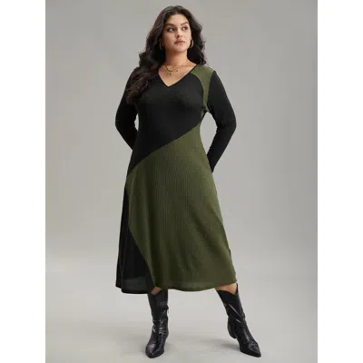 Bloomchic Women's Plus Size Two Tone Patchwork V Neck Dress Multicolor Dailywear Patchwork 22-24/3x