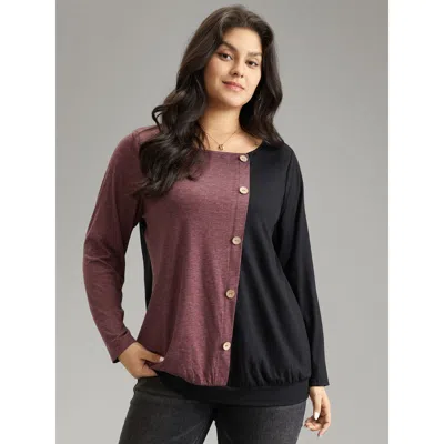 Bloomchic Women's Plus Size Two Tone Round Neck Button Detail T-shirt Black Dailywear Long Sleeve 12/l