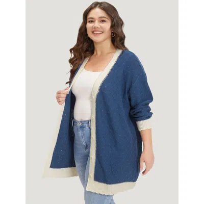 Bloomchic Women's Plus Size Two Tone Textured Button Through Cardigan Aegean Long Sleeve 10/m In Blue