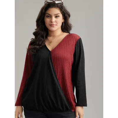 Bloomchic Women's Plus Size Two Tone Textured V Neck T-shirt Black Long Sleeve Festival-christmas 10/m