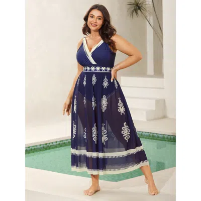 Bloomchic Women's Plus Size Two-piece Boho Print Sarong Swimsuit Indigo Ethnic Floral Colorblock Adaptive-fit  In Purple