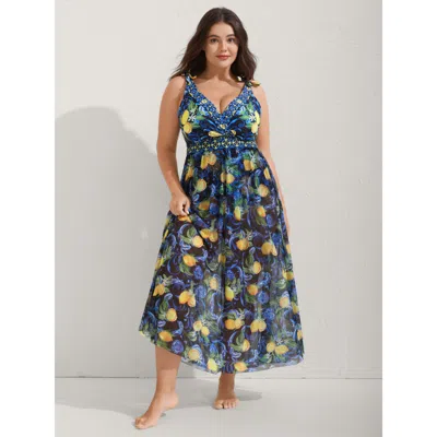 Bloomchic Women's Plus Size Two-piece Citrus Print Sarong Swimsuit Blackflower Fruit Lace-up Adaptive-fit 12/l