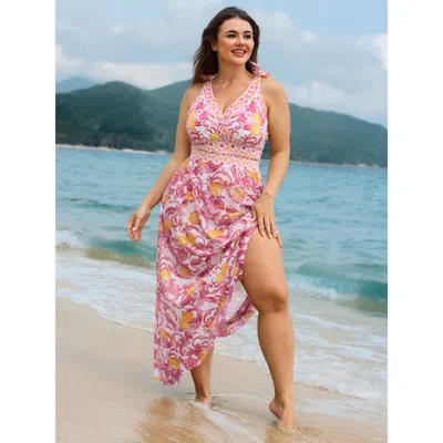 Bloomchic Women's Plus Size Two-piece Citrus Print Sarong Swimsuit Russet Fruit Lace-up Adaptive-fit 14-16/1x In Brown